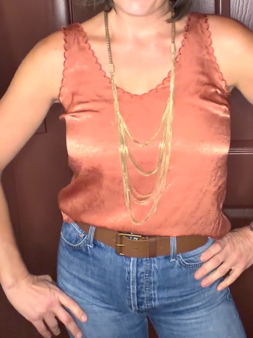 Satin Scalloped V-Neck Tank Top in Rust